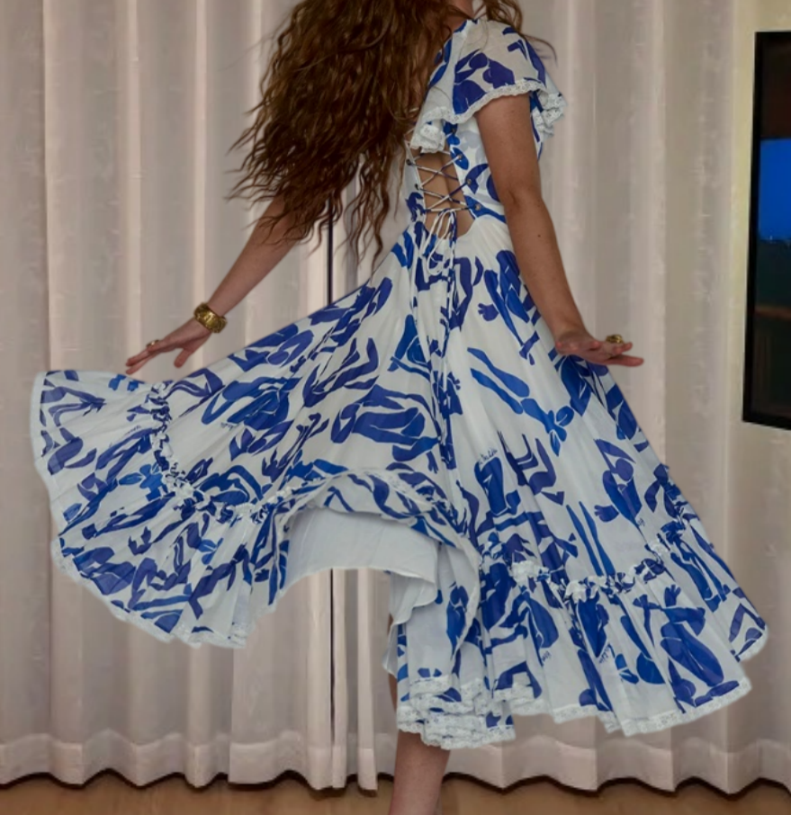 Vintage Square Neck Prom Dress Blue A-Line Evening Dress D0208