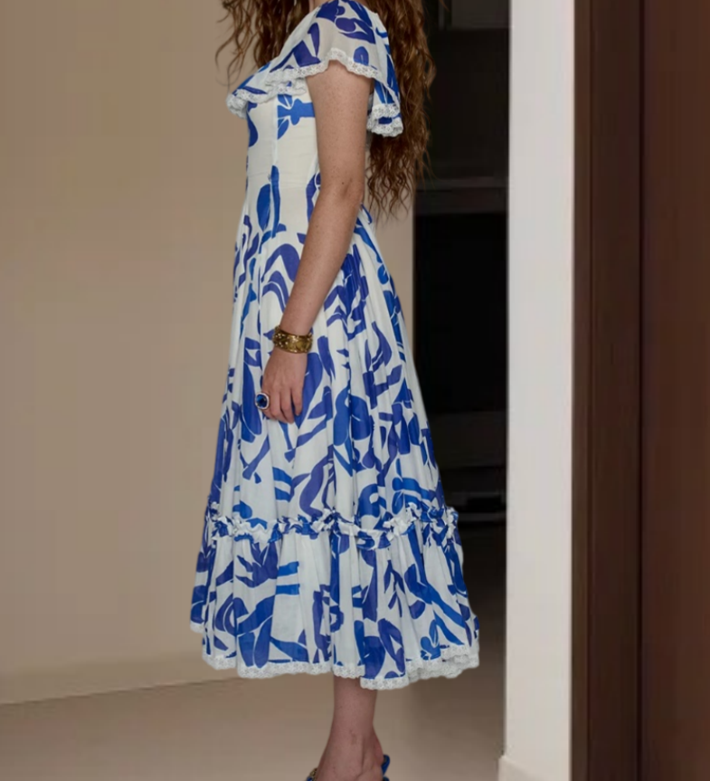 Vintage Square Neck Prom Dress Blue A-Line Evening Dress D0208