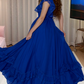 Flowy Square Neck Prom Dress Blue Lace A-Line Evening Dress D0210