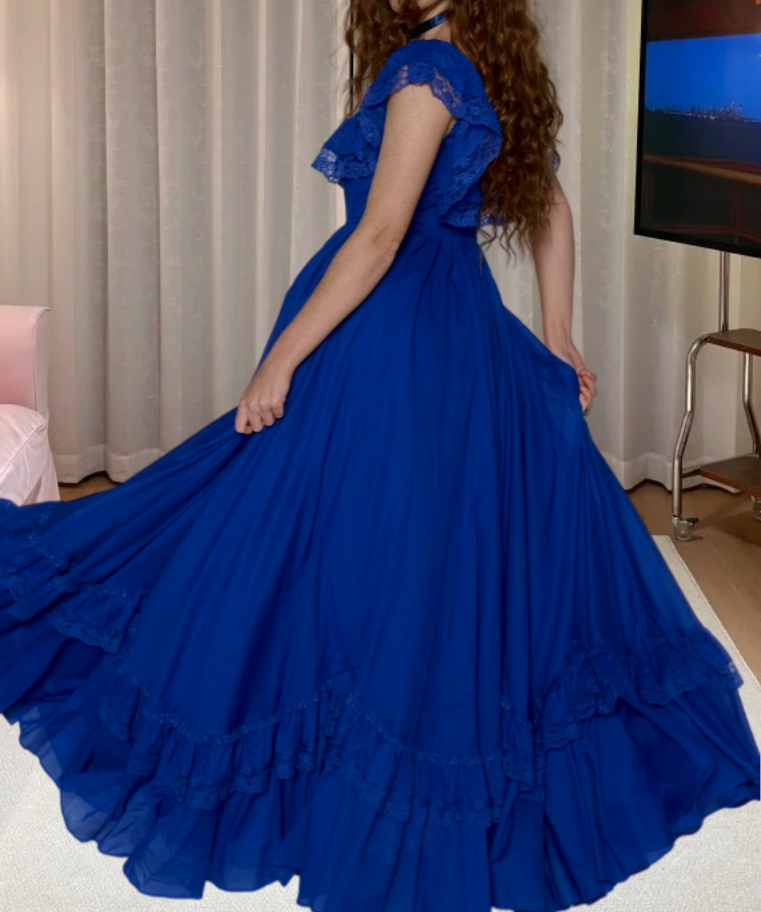 Flowy Square Neck Prom Dress Blue Lace A-Line Evening Dress D0210