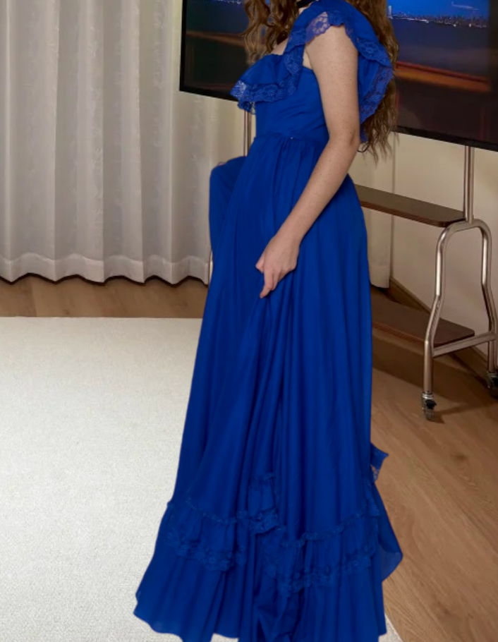 Flowy Square Neck Prom Dress Blue Lace A-Line Evening Dress D0210