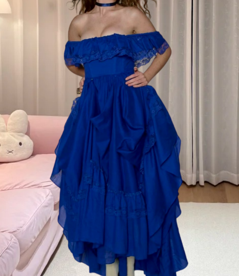 Flowy Square Neck Prom Dress Blue Lace A-Line Evening Dress D0210