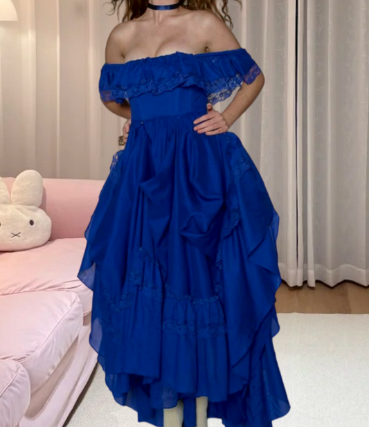Flowy Square Neck Prom Dress Blue Lace A-Line Evening Dress D0210