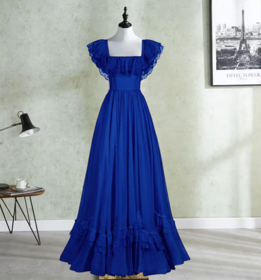 Flowy Square Neck Prom Dress Blue Lace A-Line Evening Dress D0210