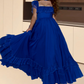 Flowy Square Neck Prom Dress Blue Lace A-Line Evening Dress D0210