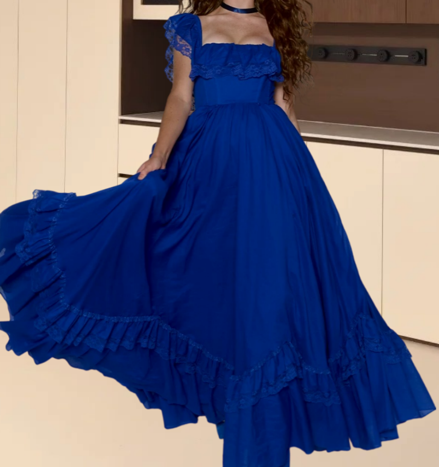 Flowy Square Neck Prom Dress Blue Lace A-Line Evening Dress D0210