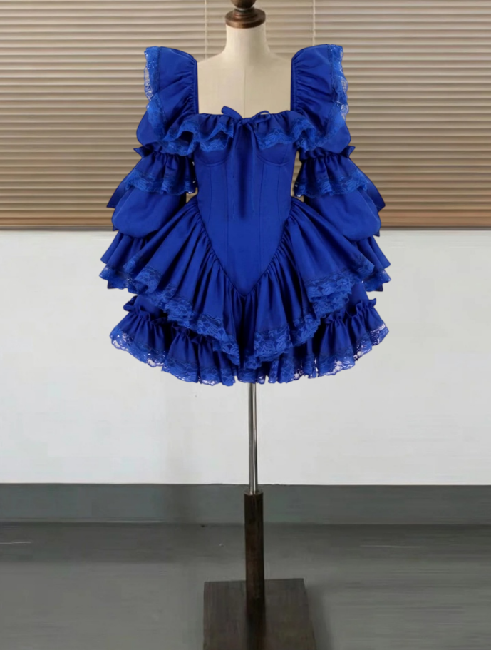 Trendy Off The Shoulder Homecoming Dress Blue Long Sleeve Lace A-Line Birthday Dress D0213