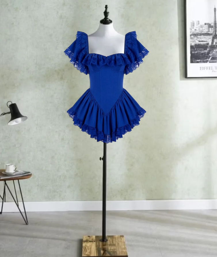 Chic Square Neck Homecoming Dress Blue Ruffles Lace A-Line Birthday Dress D0214