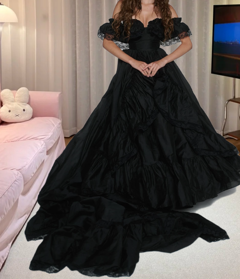 Glam Off The Shoulder Prom Dress Black Ruffles A-Line Evening Dress D0215
