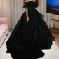 Glam Off The Shoulder Prom Dress Black Ruffles A-Line Evening Dress D0215