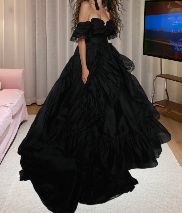 Glam Off The Shoulder Prom Dress Black Ruffles A-Line Evening Dress D0215