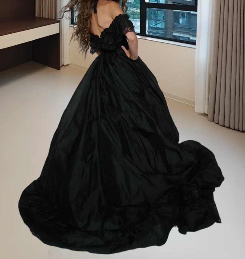 Glam Off The Shoulder Prom Dress Black Ruffles A-Line Evening Dress D0215