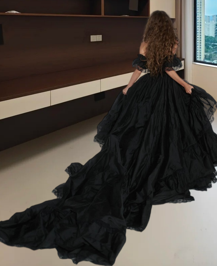 Glam Off The Shoulder Prom Dress Black Ruffles A-Line Evening Dress D0215