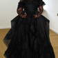 Glam Off The Shoulder Prom Dress Black Ruffles A-Line Evening Dress D0215