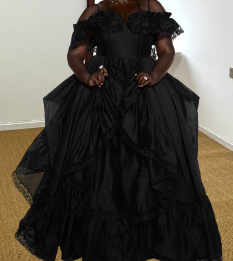 Glam Off The Shoulder Prom Dress Black Ruffles A-Line Evening Dress D0215