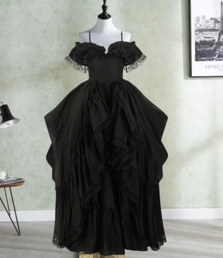 Glam Off The Shoulder Prom Dress Black Ruffles A-Line Evening Dress D0215