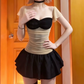 Trendy Square Neck Mini Dress Black & Beige A-Line Short Dress D0224