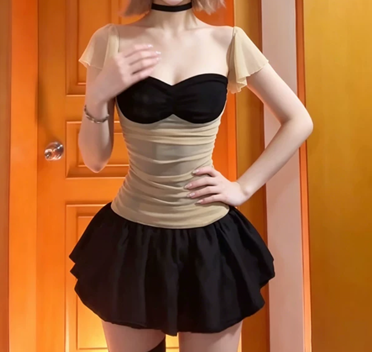 Trendy Square Neck Mini Dress Black & Beige A-Line Short Dress D0224