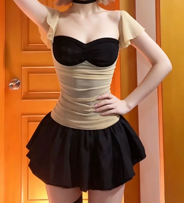 Trendy Square Neck Mini Dress Black & Beige A-Line Short Dress D0224