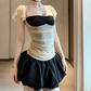 Trendy Square Neck Mini Dress Black & Beige A-Line Short Dress D0224