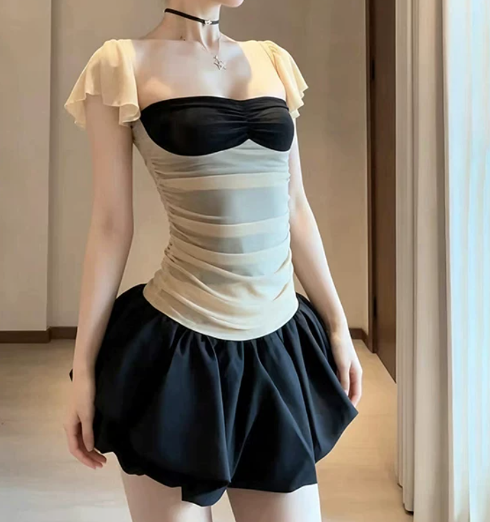Trendy Square Neck Mini Dress Black & Beige A-Line Short Dress D0224