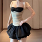 Trendy Square Neck Mini Dress Black & Beige A-Line Short Dress D0224
