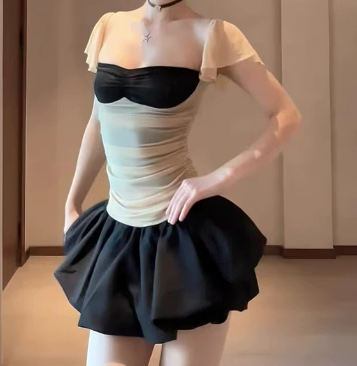 Trendy Square Neck Mini Dress Black & Beige A-Line Short Dress D0224