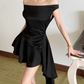 Trendy Ruched Neck Mini Dress Black A-Line Short Dress D0232