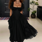 Charming Square Neck Prom Dress Black Lace A-Line Evening Dress D0233