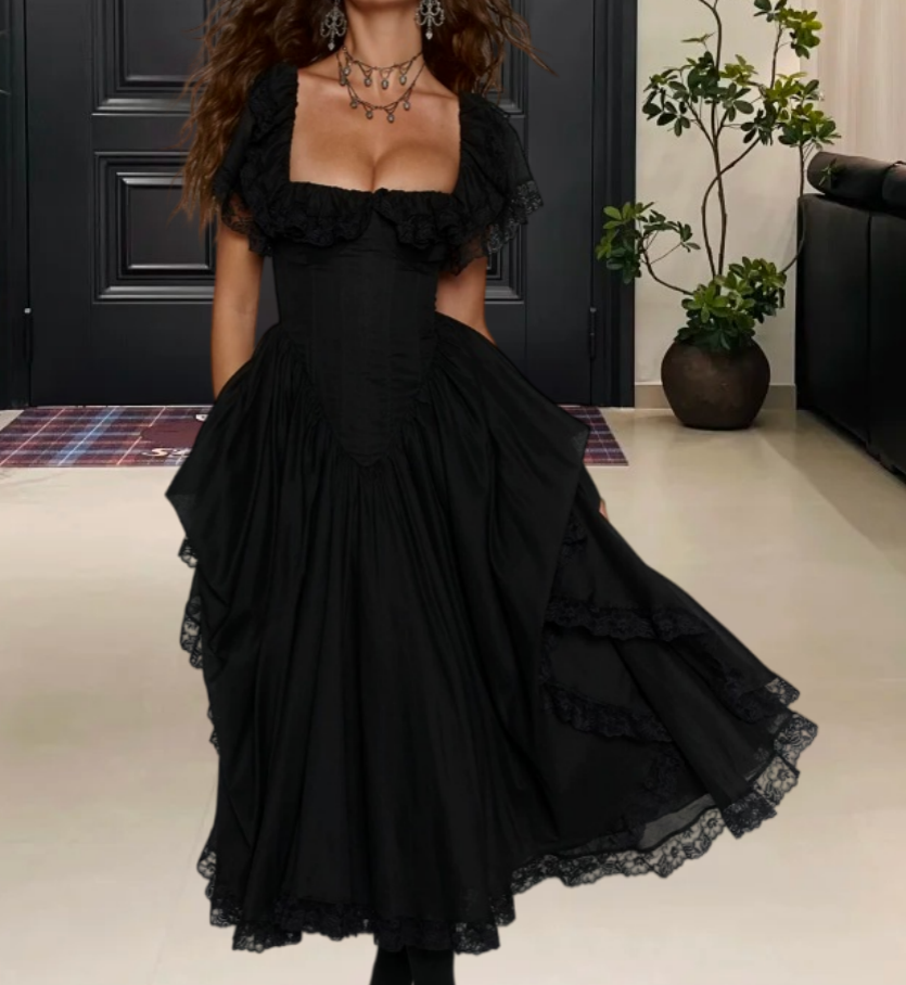 Charming Square Neck Prom Dress Black Lace A-Line Evening Dress D0233