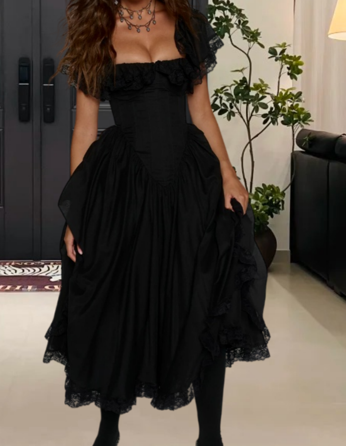 Charming Square Neck Prom Dress Black Lace A-Line Evening Dress D0233