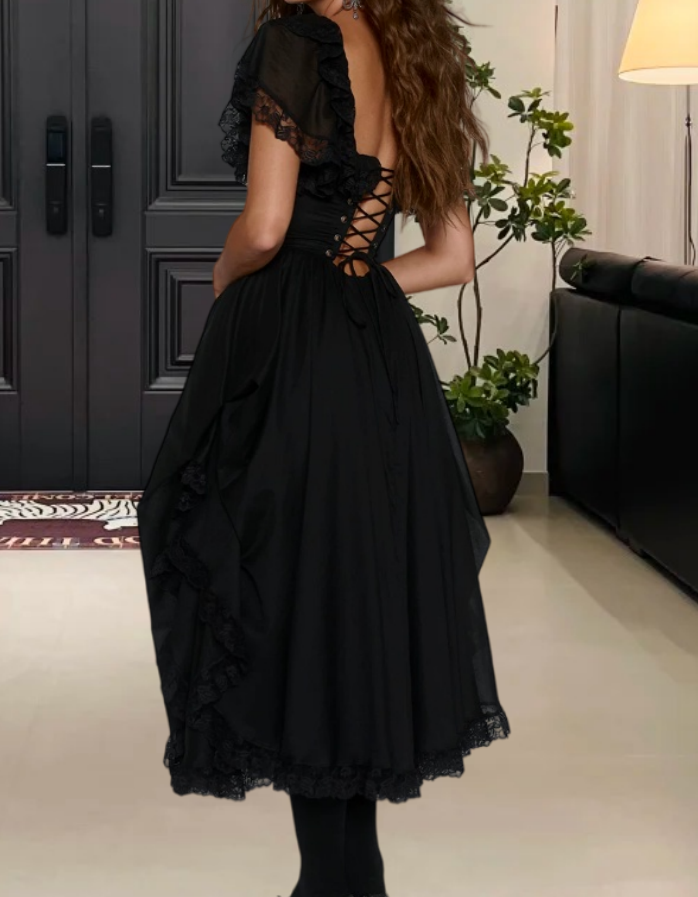 Charming Square Neck Prom Dress Black Lace A-Line Evening Dress D0233