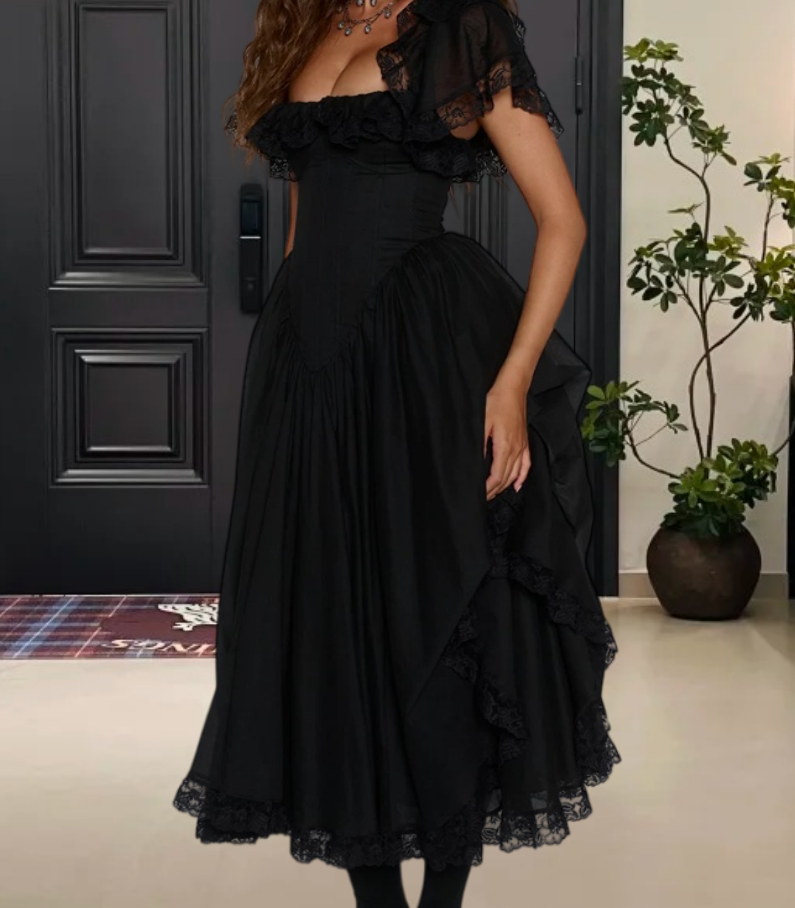 Charming Square Neck Prom Dress Black Lace A-Line Evening Dress D0233