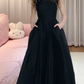 Gothic High Collar Sleeveless Prom Dress Black Lace A-Line Evening Dress D0234