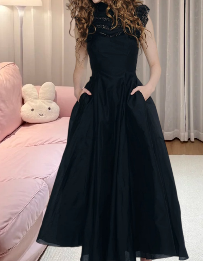 Gothic High Collar Sleeveless Prom Dress Black Lace A-Line Evening Dress D0234