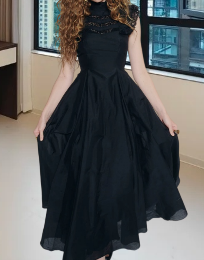 Gothic High Collar Sleeveless Prom Dress Black Lace A-Line Evening Dress D0234