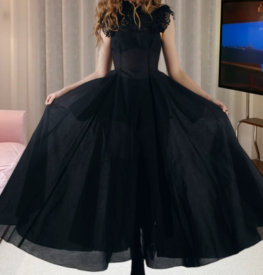 Gothic High Collar Sleeveless Prom Dress Black Lace A-Line Evening Dress D0234