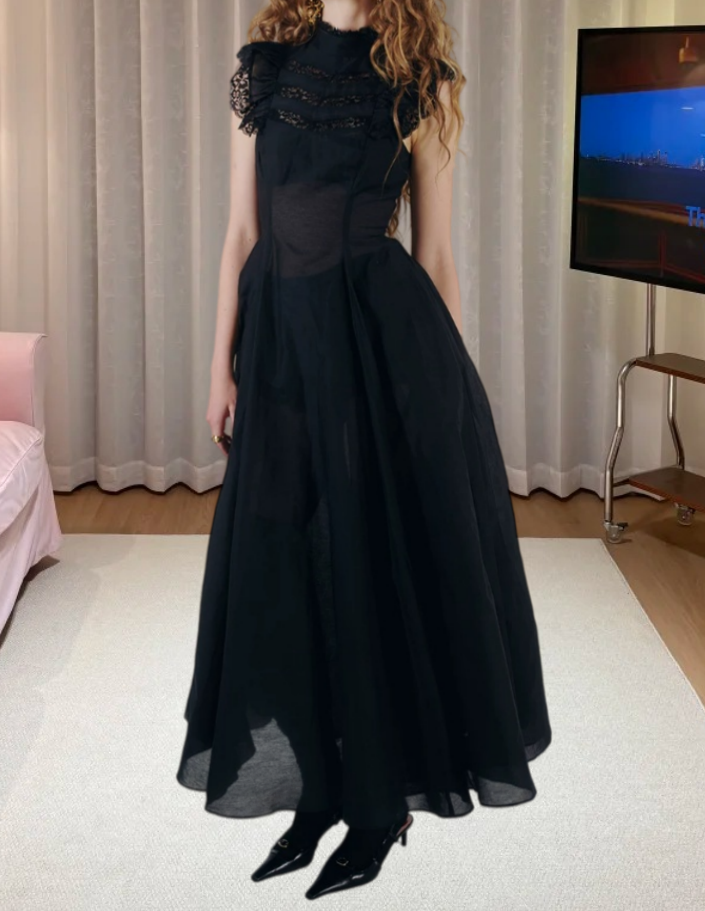 Gothic High Collar Sleeveless Prom Dress Black Lace A-Line Evening Dress D0234