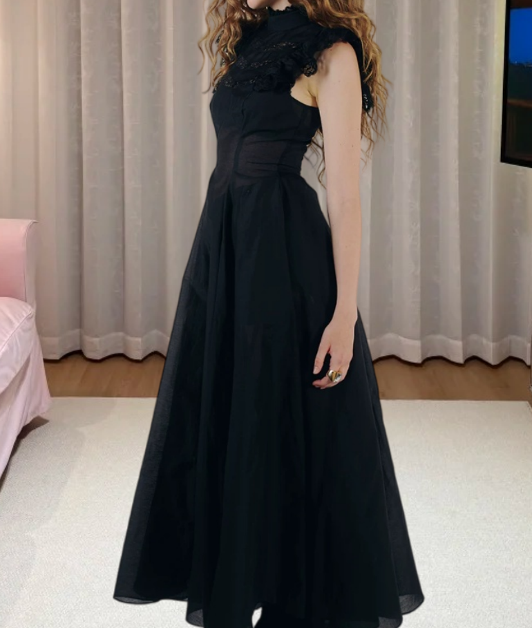 Gothic High Collar Sleeveless Prom Dress Black Lace A-Line Evening Dress D0234