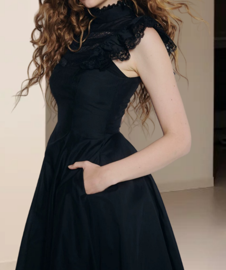 Gothic High Collar Sleeveless Prom Dress Black Lace A-Line Evening Dress D0234
