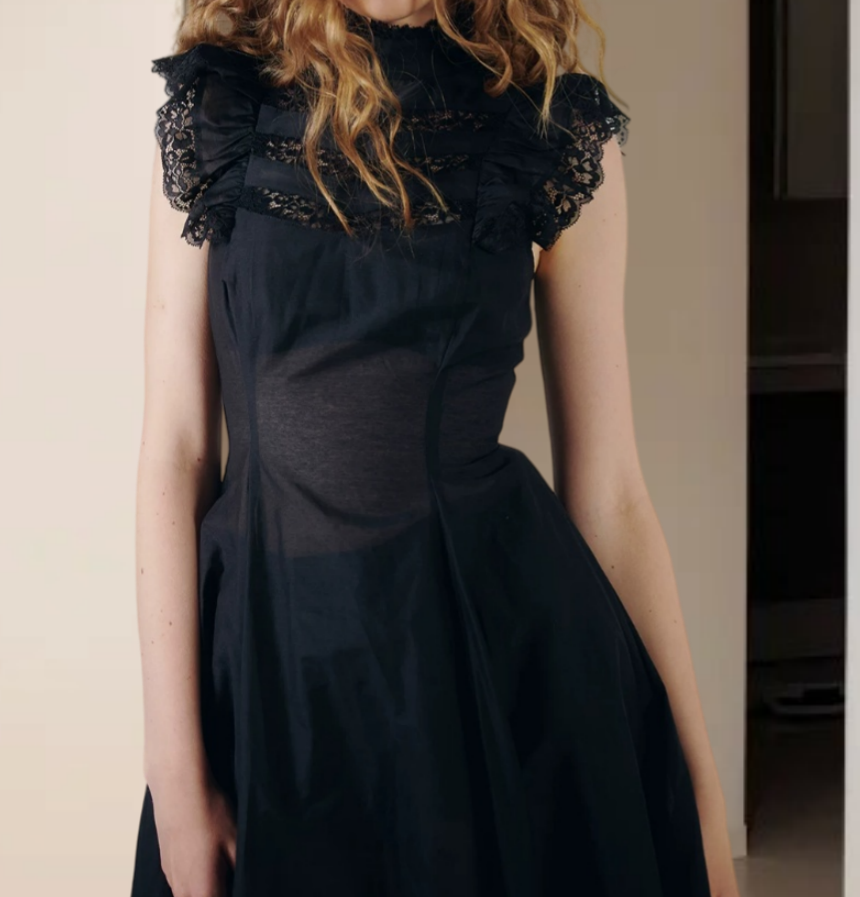 Gothic High Collar Sleeveless Prom Dress Black Lace A-Line Evening Dress D0234