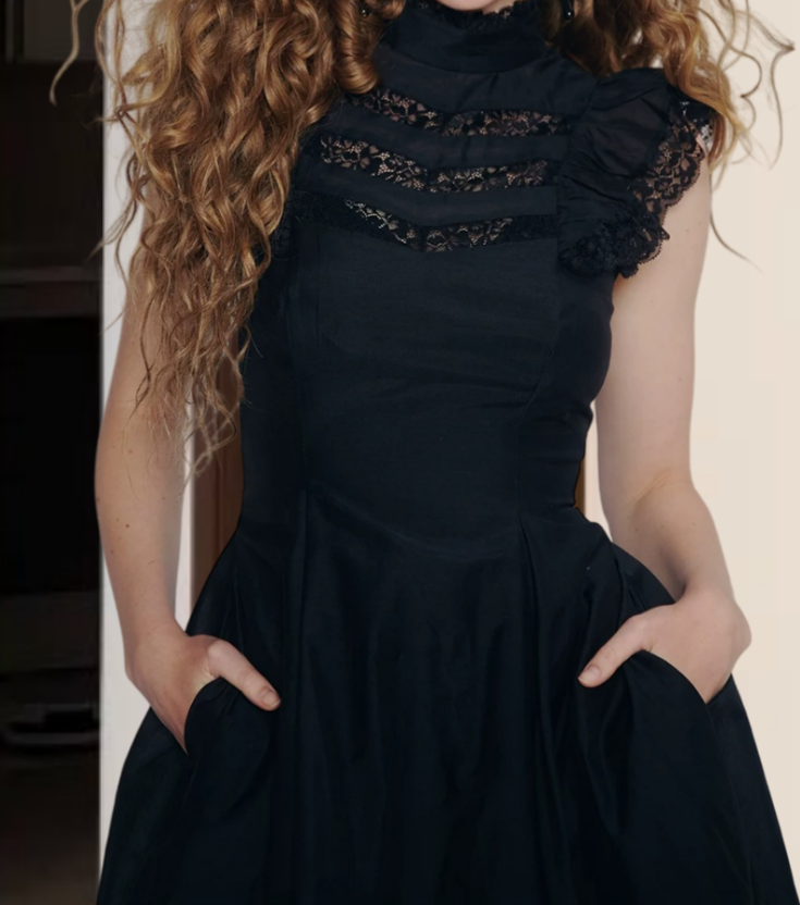 Gothic High Collar Sleeveless Prom Dress Black Lace A-Line Evening Dress D0234