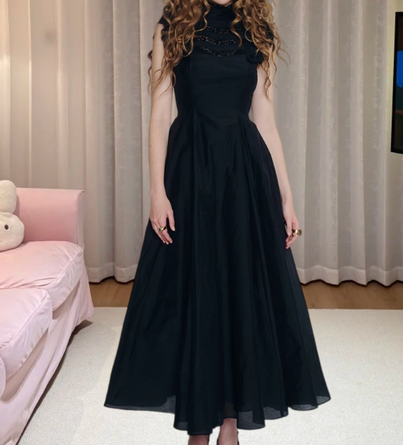 Gothic High Collar Sleeveless Prom Dress Black Lace A-Line Evening Dress D0234