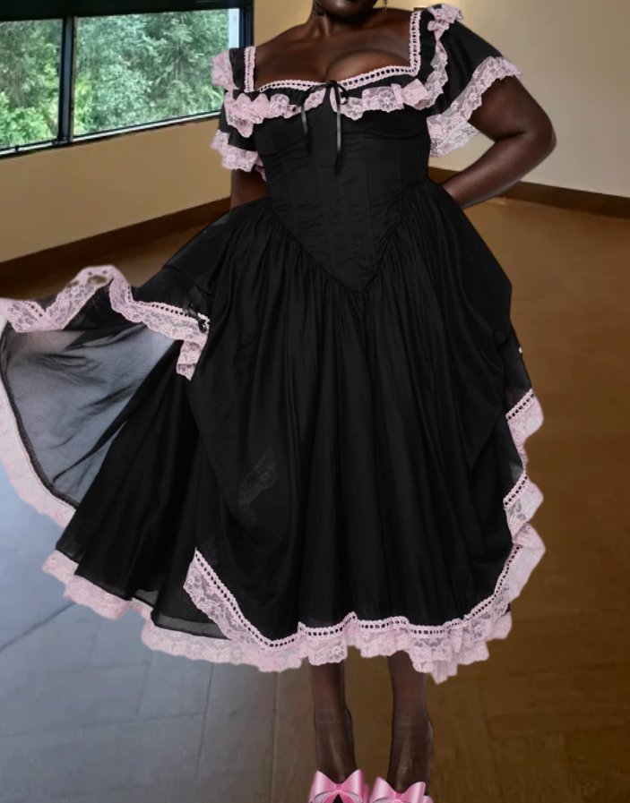 Sweet Square Neck Prom Dress Black Ruffled Lace A-Line Evening Dress D0237