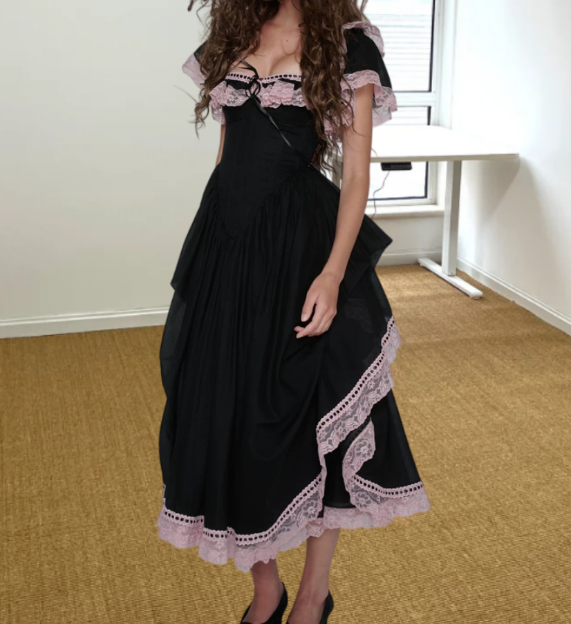 Sweet Square Neck Prom Dress Black Ruffled Lace A-Line Evening Dress D0237