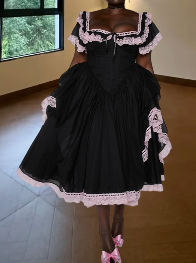 Sweet Square Neck Prom Dress Black Ruffled Lace A-Line Evening Dress D0237