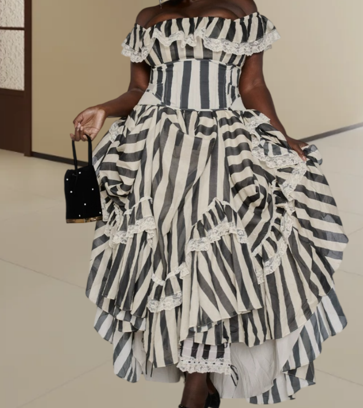 Attractive Off The Shoulder Prom Dress Black & White Stripes A-Line Evening Dress D0240