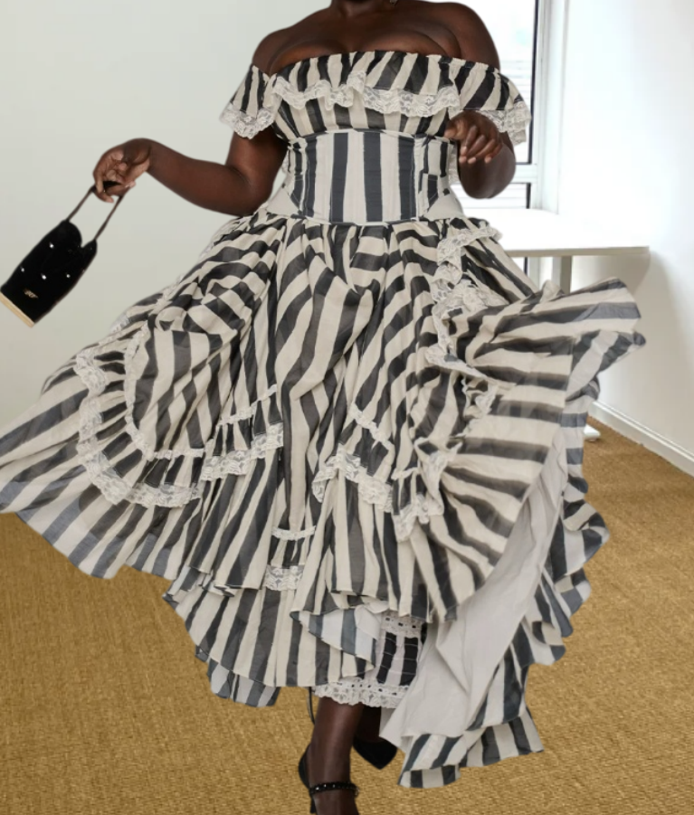Attractive Off The Shoulder Prom Dress Black & White Stripes A-Line Evening Dress D0240