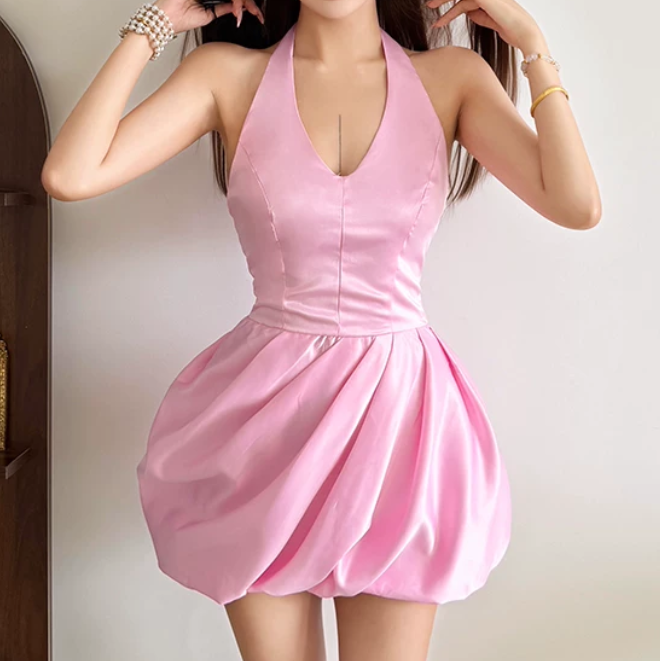 Sweet Halter Neck Homecoming Dress Pink Satin A-Line Birthday Dress D0242