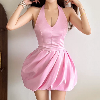 Sweet Halter Neck Homecoming Dress Pink Satin A-Line Birthday Dress D0242